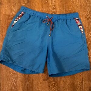 Bugatchi Teal-Blue Swim Trunks with Patterned Pocket Trim